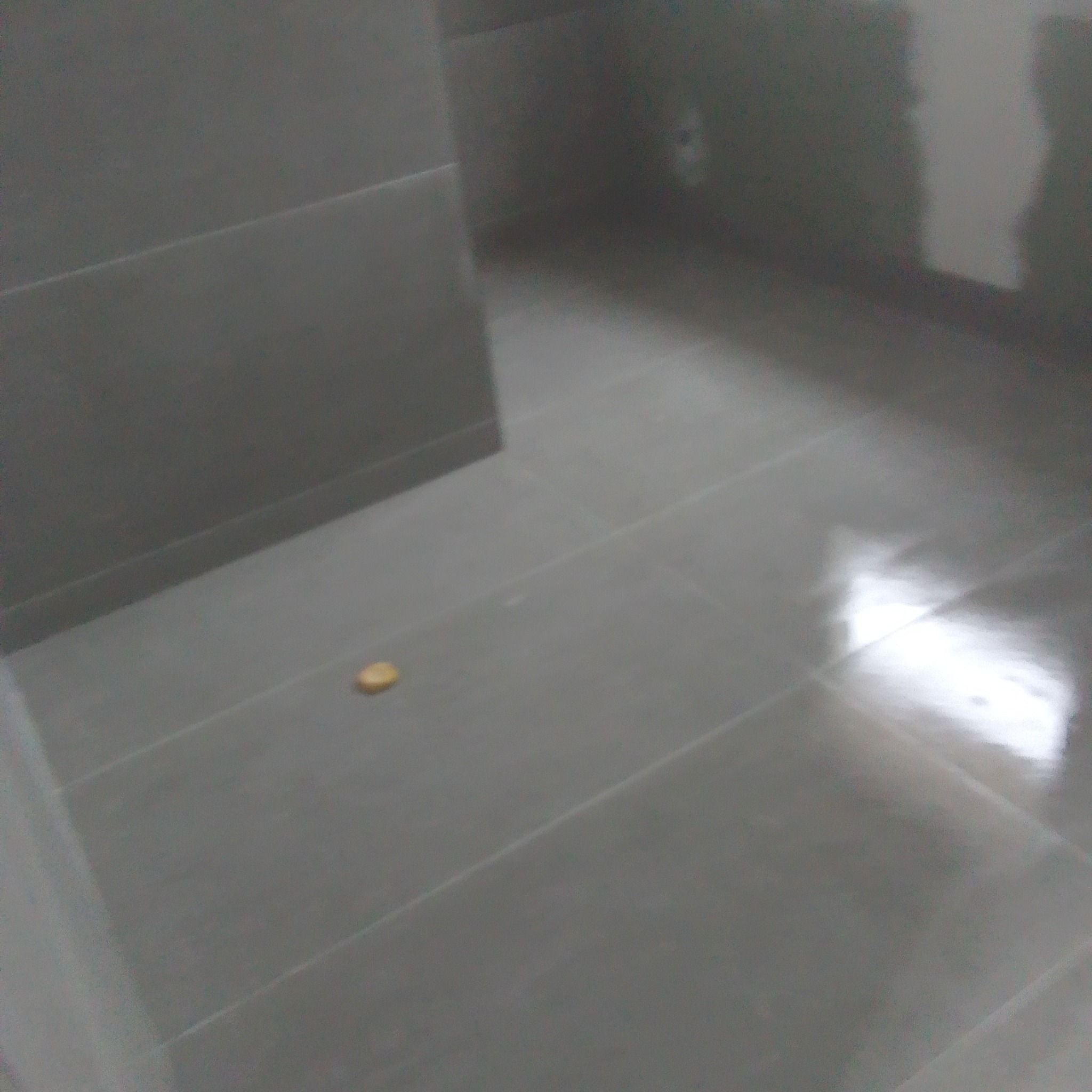 Szare płytki podłogowe w łazience, widoczny fragment ściany z wykończeniem gładzią, na podłodze leży mały, okrągły przedmiot.