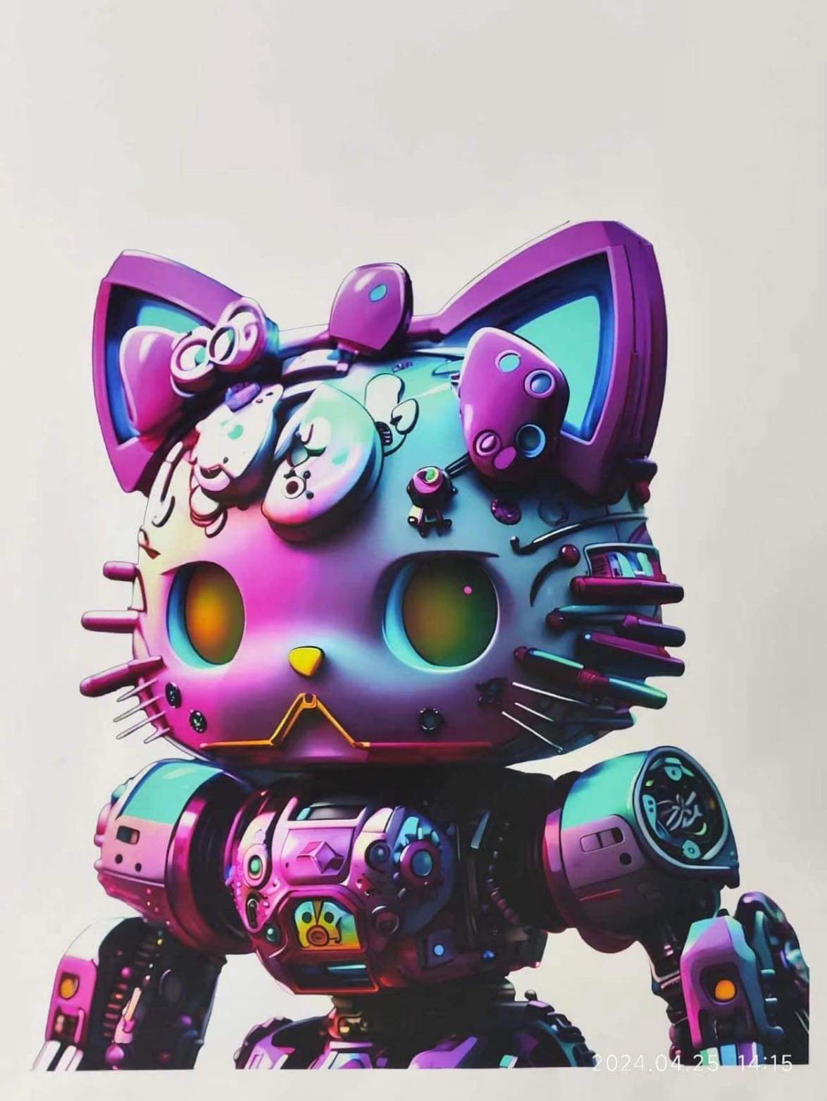 Stylizowana, futurystyczna figurka robota przypominająca Hello Kitty, z elementami mechanicznymi i neonowymi kolorami, na jasnym tle.