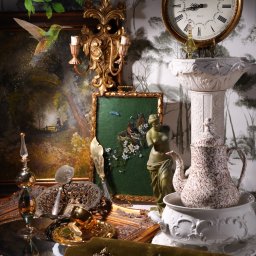 Wiktoria Żółciak - Martwa natura z antykami: zegar, obrazy, rzeźba, imbryk, lustrzana taca i wieszak na ubrania, na tle tapety z motywem leśnym.