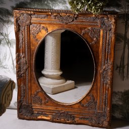 Wiktoria Żółciak - Złota, dekoracyjna rama z owalnym otworem, ustawiona na podłodze, z kolumną widoczną wewnątrz otworu, na tle ściany z motywem drzew i bukietem hortensji.