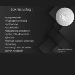 Grafika reklamowa firmy budowlanej PGB Unibau, przedstawiająca zakres usług: kompleksowe wykończenie wnętrz, malowanie, sztukateria, adaptacja poddaszy, sucha zabudowa K/G, gładzie, montaż stolarki...