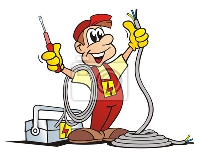 Karykatura uśmiechniętego elektryka w czerwonym kombinezonie, z kablem i śrubokrętem, obok skrzynki narzędziowej z symbolem błyskawicy.