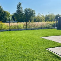 SZEF OGRODU - Zadbany trawnik przydomowy z systemem nawadniania, obrzeżami i fragmentem tarasu z szarych płyt. W tle widoczne drzewa i ogrodzenie.