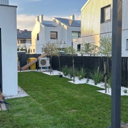 SZEF OGRODU - Nowoczesny ogród z trawnikiem, białymi kamieniami i młodymi drzewkami wzdłuż czarnego ogrodzenia na tle białych domów z panelami słonecznymi.