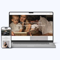ZONBOX Piotr Zontek - Responsywna strona WordPress dla fotografa Anji Konieczny na laptopie i smartfonie. Układ portfolio, spójny styl, intuicyjna nawigacja. Prezentacja na urządzeniach.