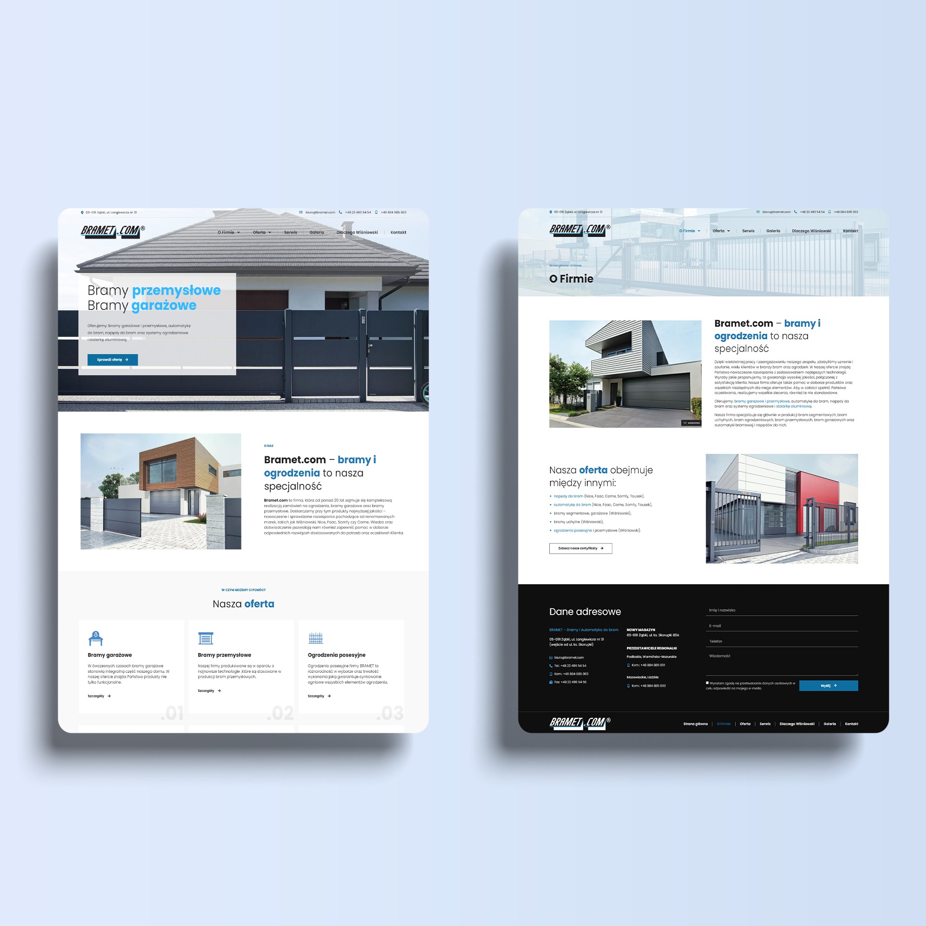 Prezentacja strony internetowej firmy Bramet.com z ofertą bram przemysłowych i garażowych oraz ogrodzeń, widok na komputerze stacjonarnym i laptopie.