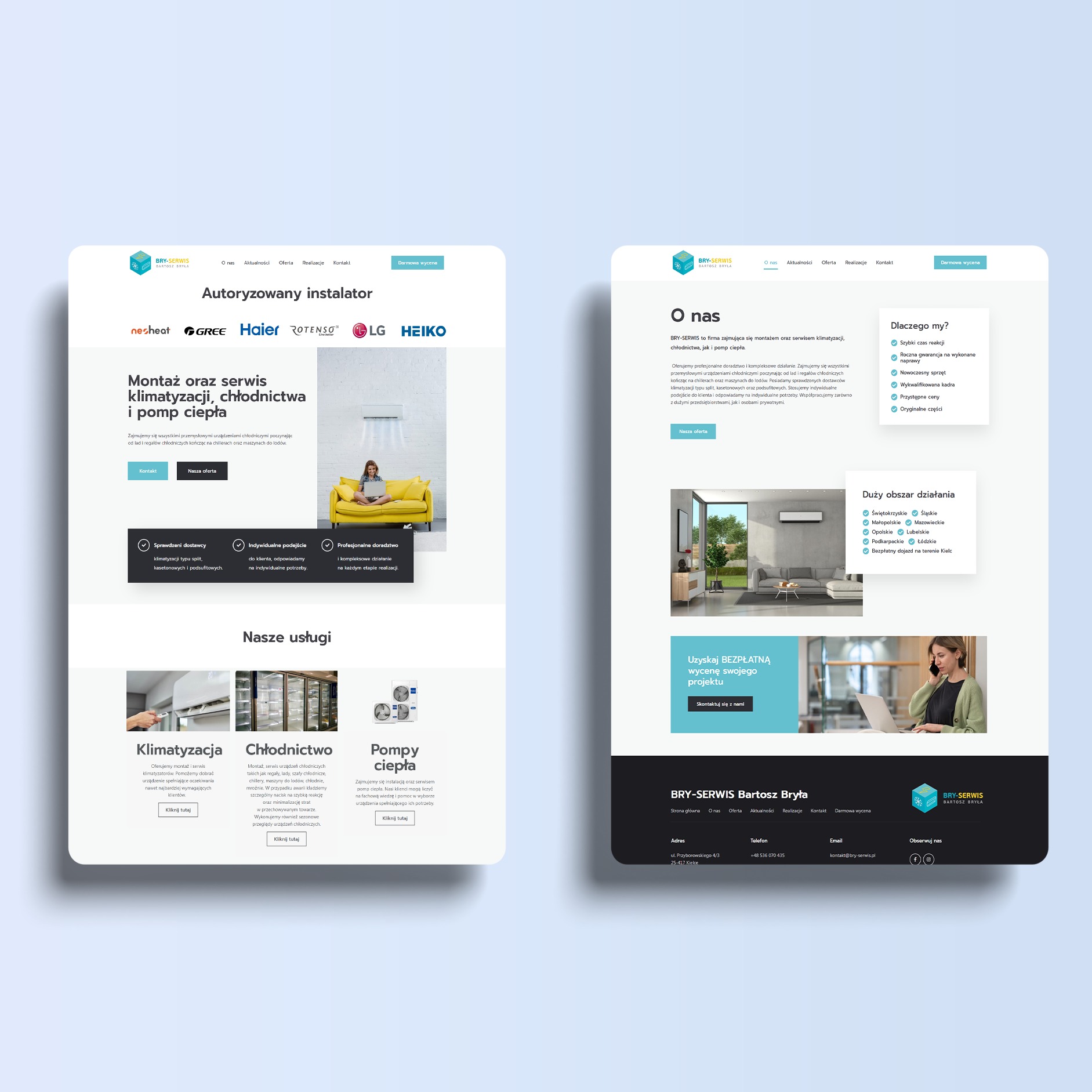 Strona internetowa firmy BRY-SERWIS, specjalizującej się w montażu i serwisie klimatyzacji, chłodnictwa i pomp ciepła, prezentująca ofertę, logo oraz dane kontaktowe.