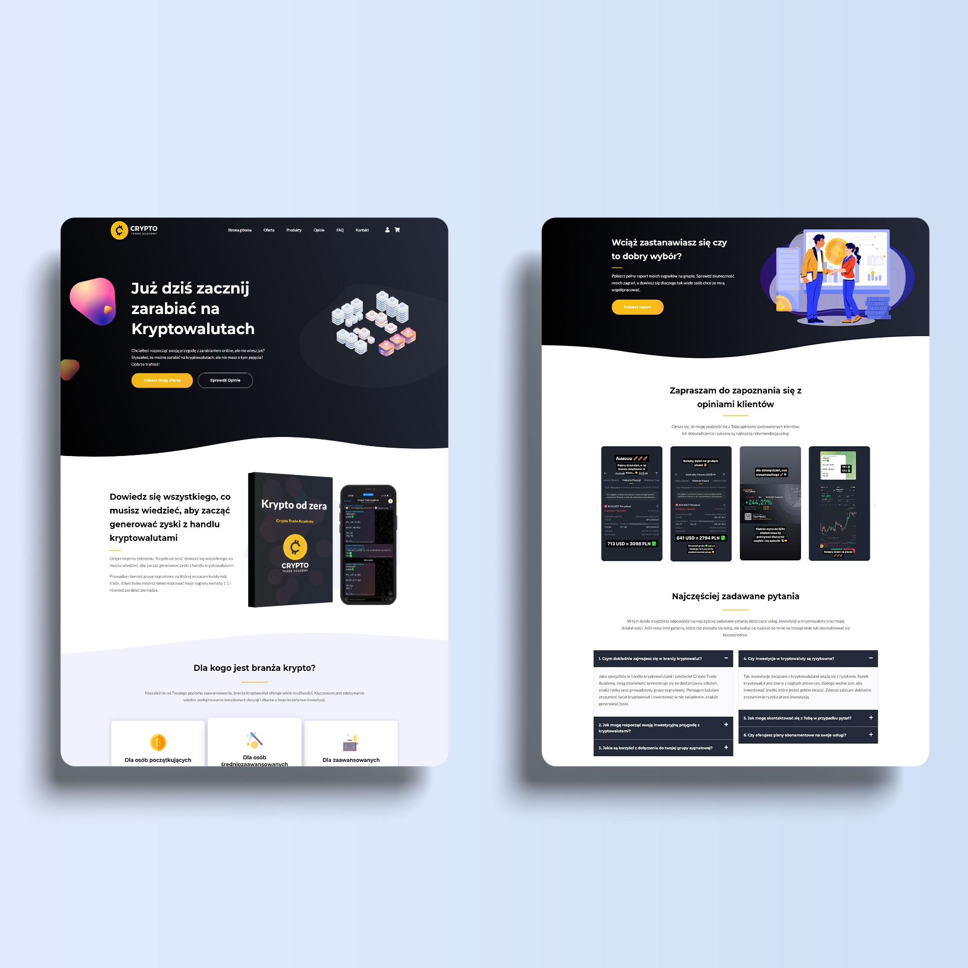 Strona internetowa platformy edukacyjnej Cryptotradeacademy.pl, oferującej szkolenia z handlu kryptowalutami, z nagłówkiem 'Już dziś zacznij zarabiać na Kryptowalutach' i przyciskami 'Zobacz moją...