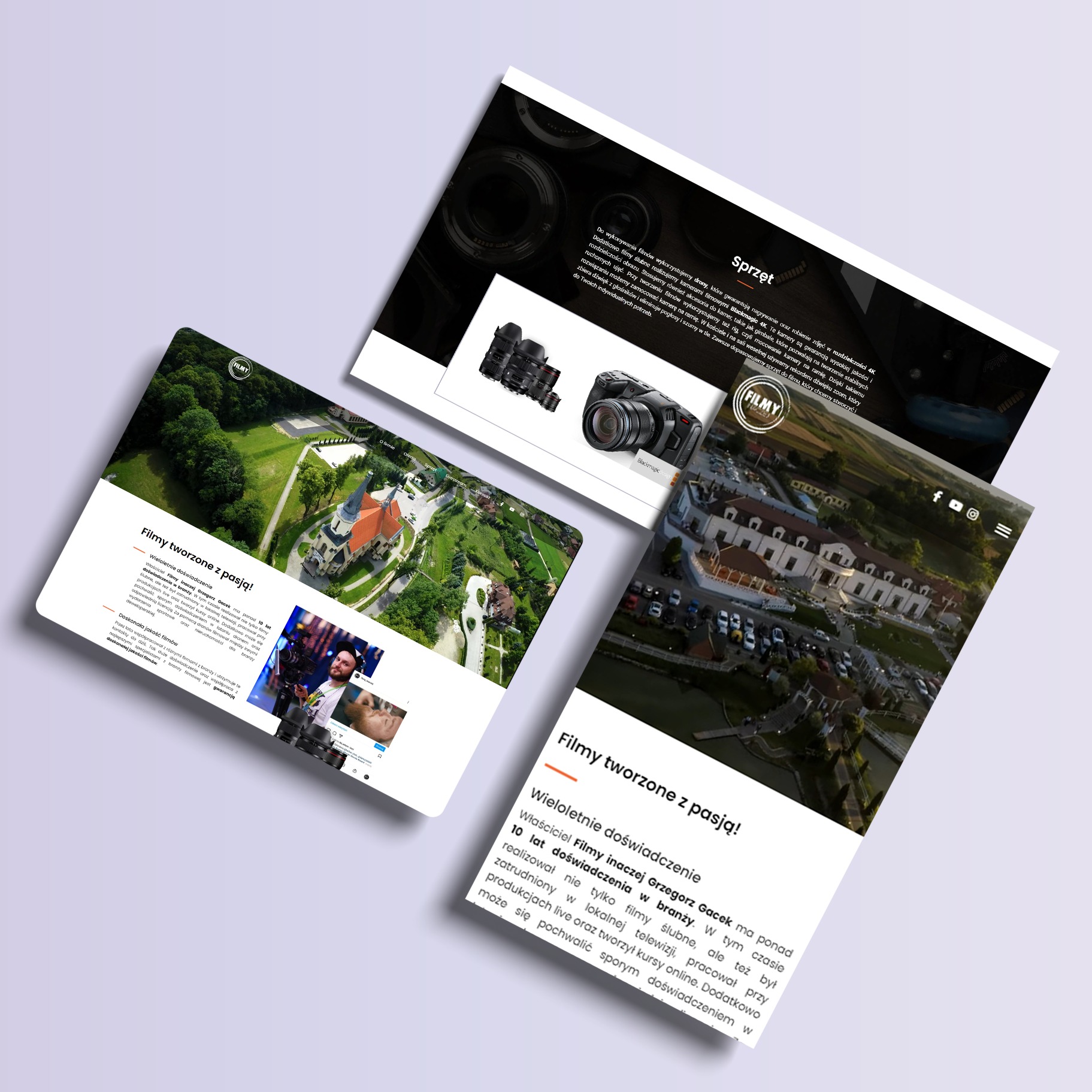 Prezentacja strony internetowej na ekranie, z przykładami realizacji filmowych firmy 'Filmy Inaczej': ujęcia z drona przedstawiające zabytek, sprzęt filmowy i portret filmowca.