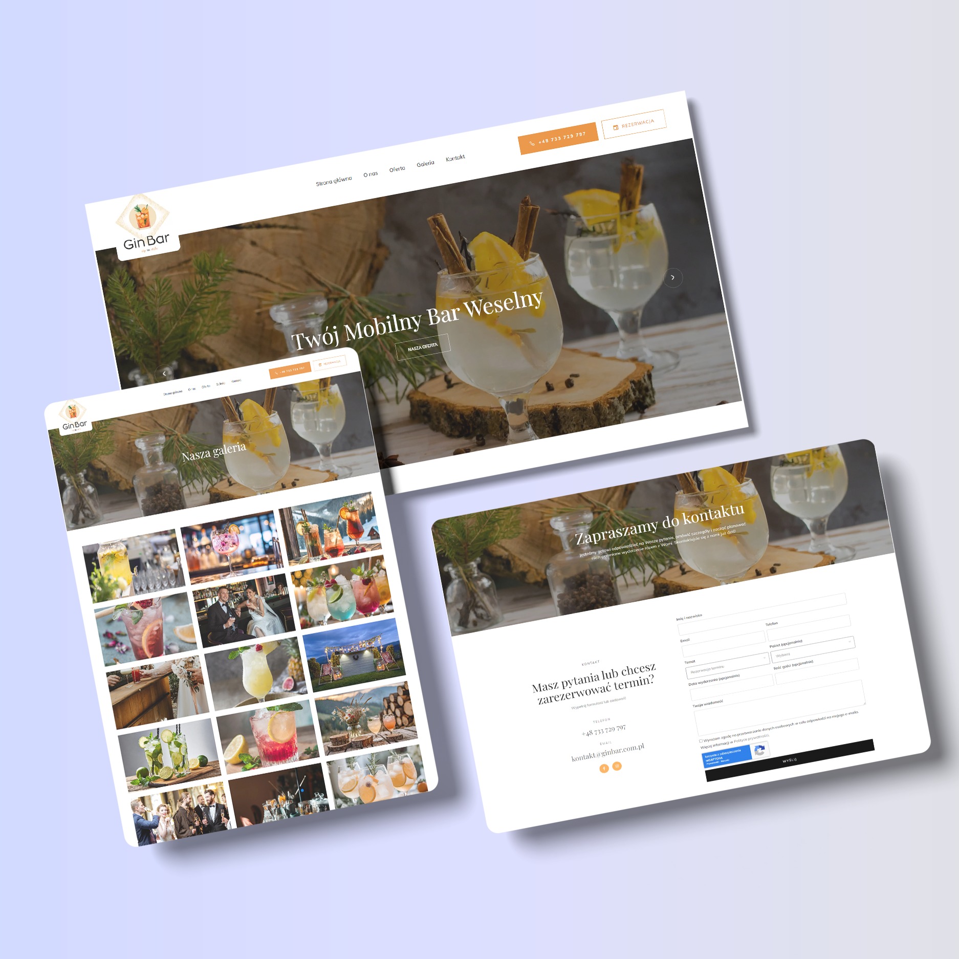 Prezentacja strony internetowej ginbar.com.pl na trzech urządzeniach: desktop, tablet i smartfon. Strona oferuje mobilny bar weselny, prezentuje galerię koktajli i formularz kontaktowy.