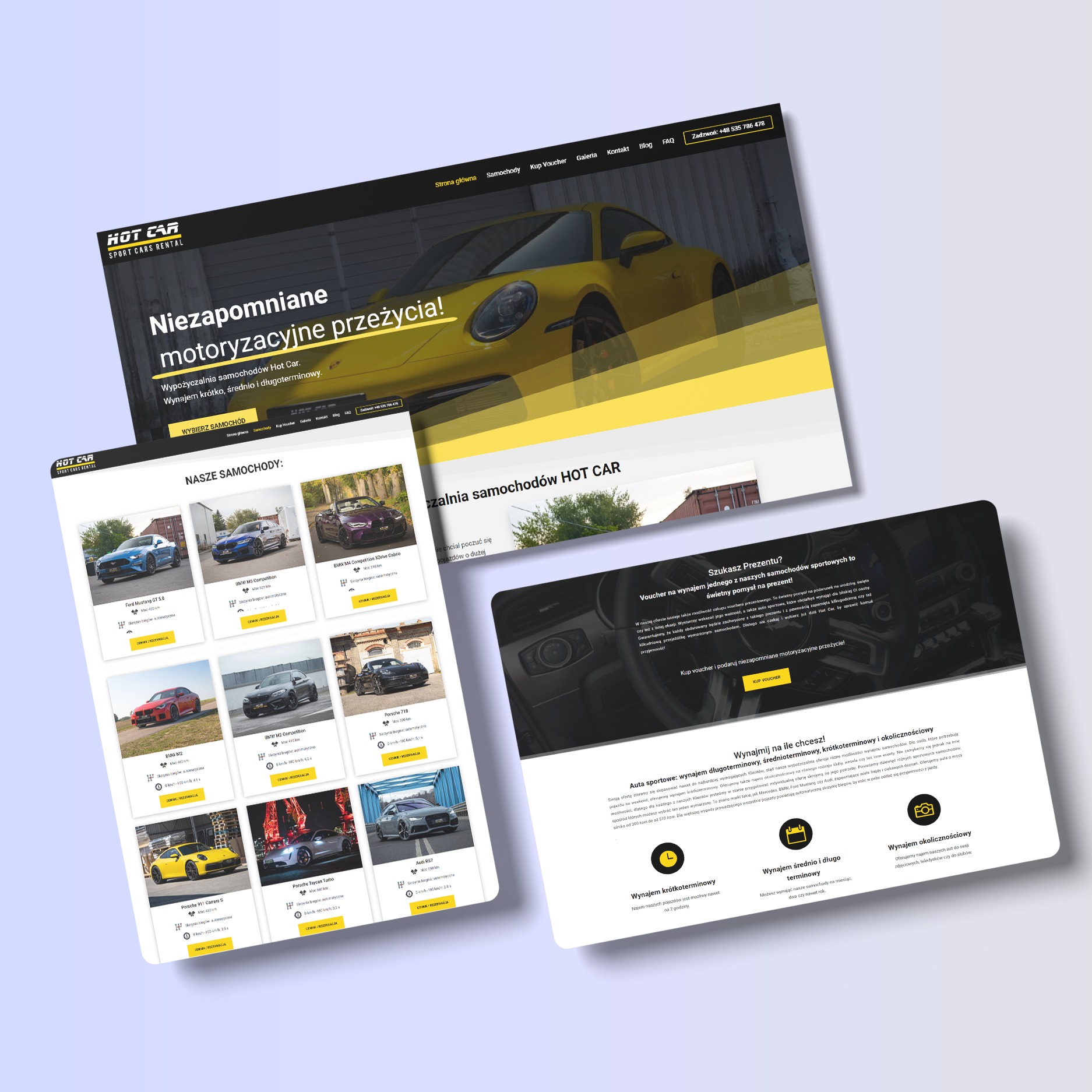 Prezentacja strony internetowej wypożyczalni samochodów sportowych HOT CAR ze Szczecina, z widocznymi ofertami wynajmu różnych modeli aut i możliwością zakupu vouchera prezentowego.