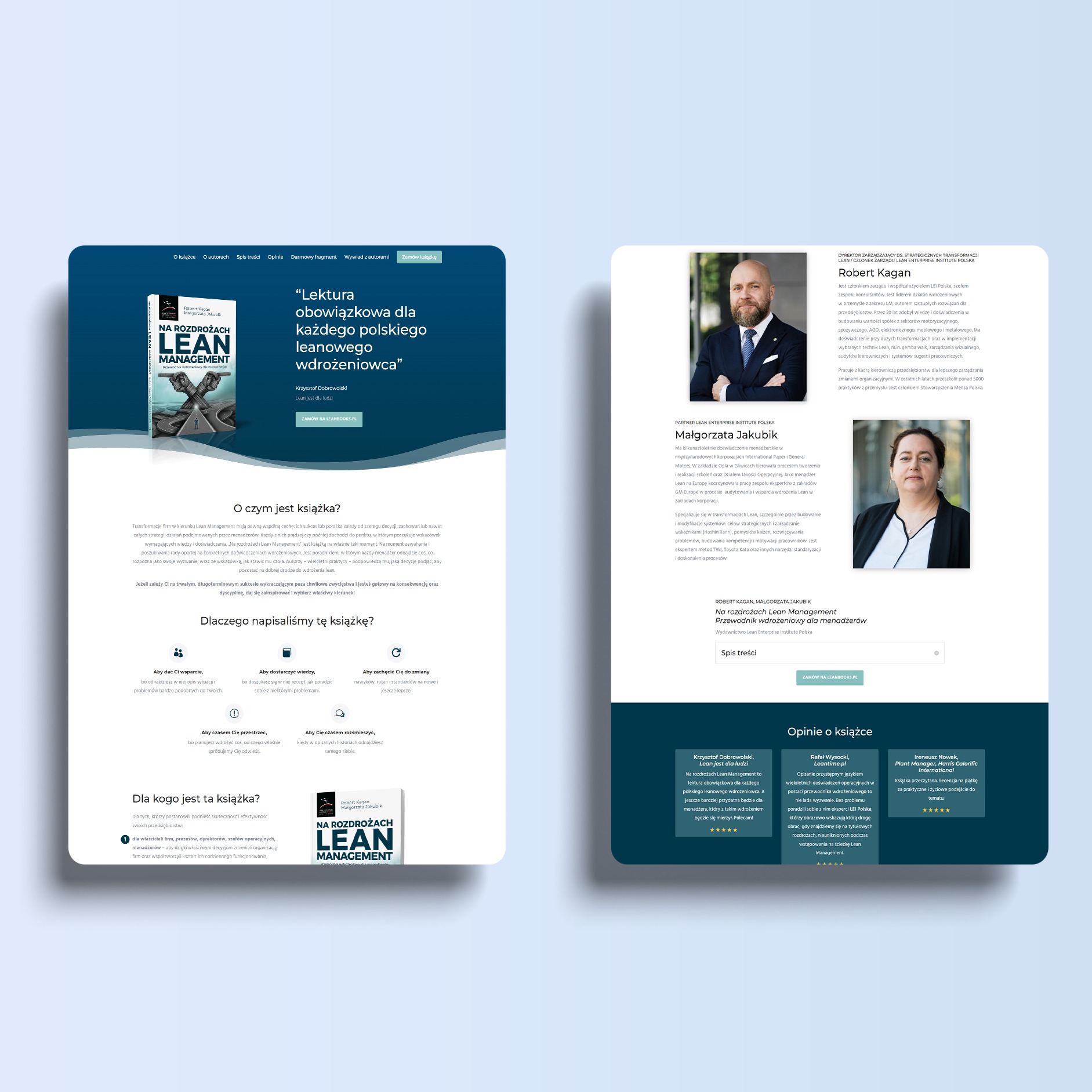 Strona internetowa promująca książkę o Lean Management, widoczna okładka książki 'Na rozdrożach Lean Management' oraz fragmenty tekstu zachęcające do zakupu, całość w nowoczesnym designie...