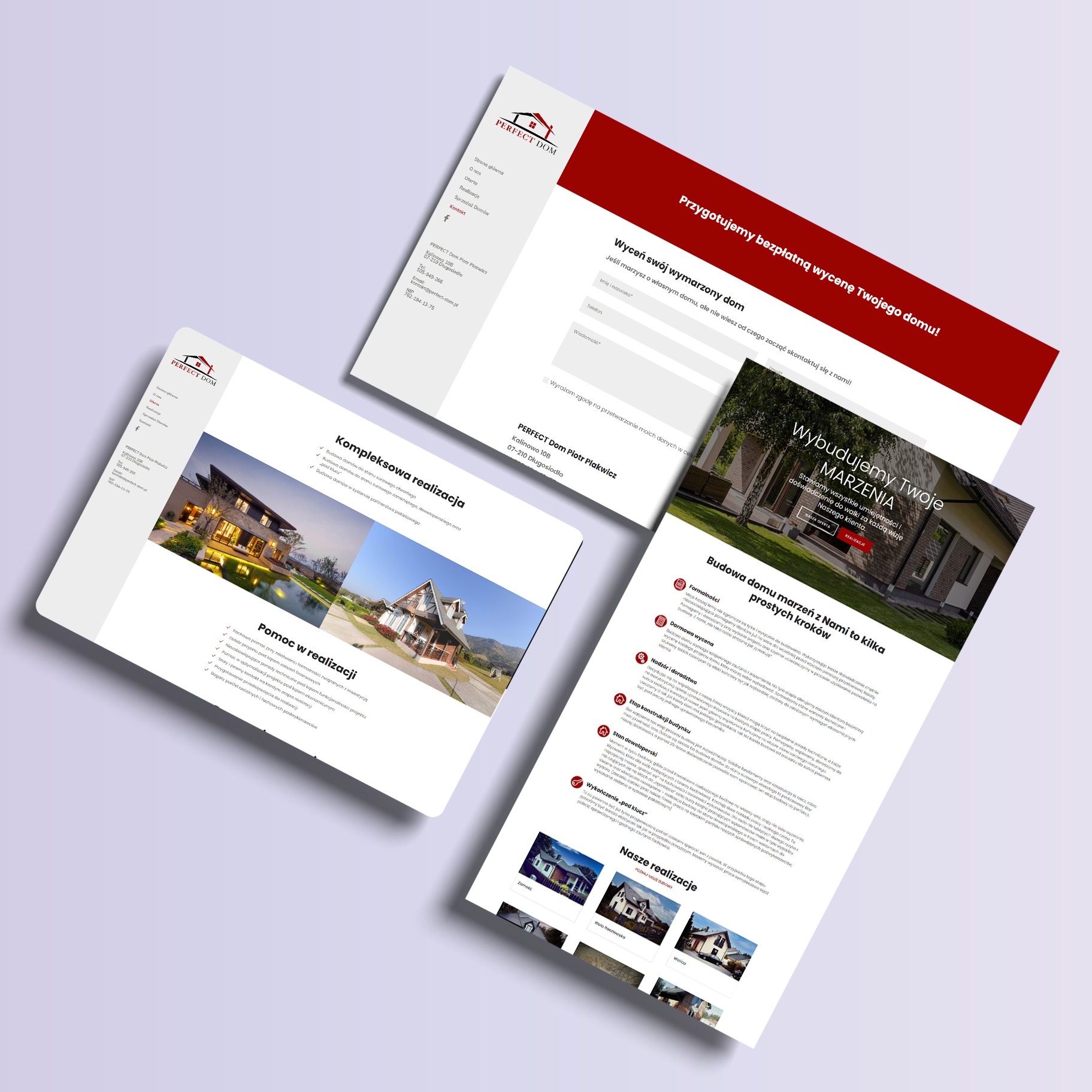 Projekt strony internetowej firmy budowlanej Perfect Dom, prezentujący ofertę budowy domów, z elementami interaktywnymi i zdjęciami zrealizowanych projektów.