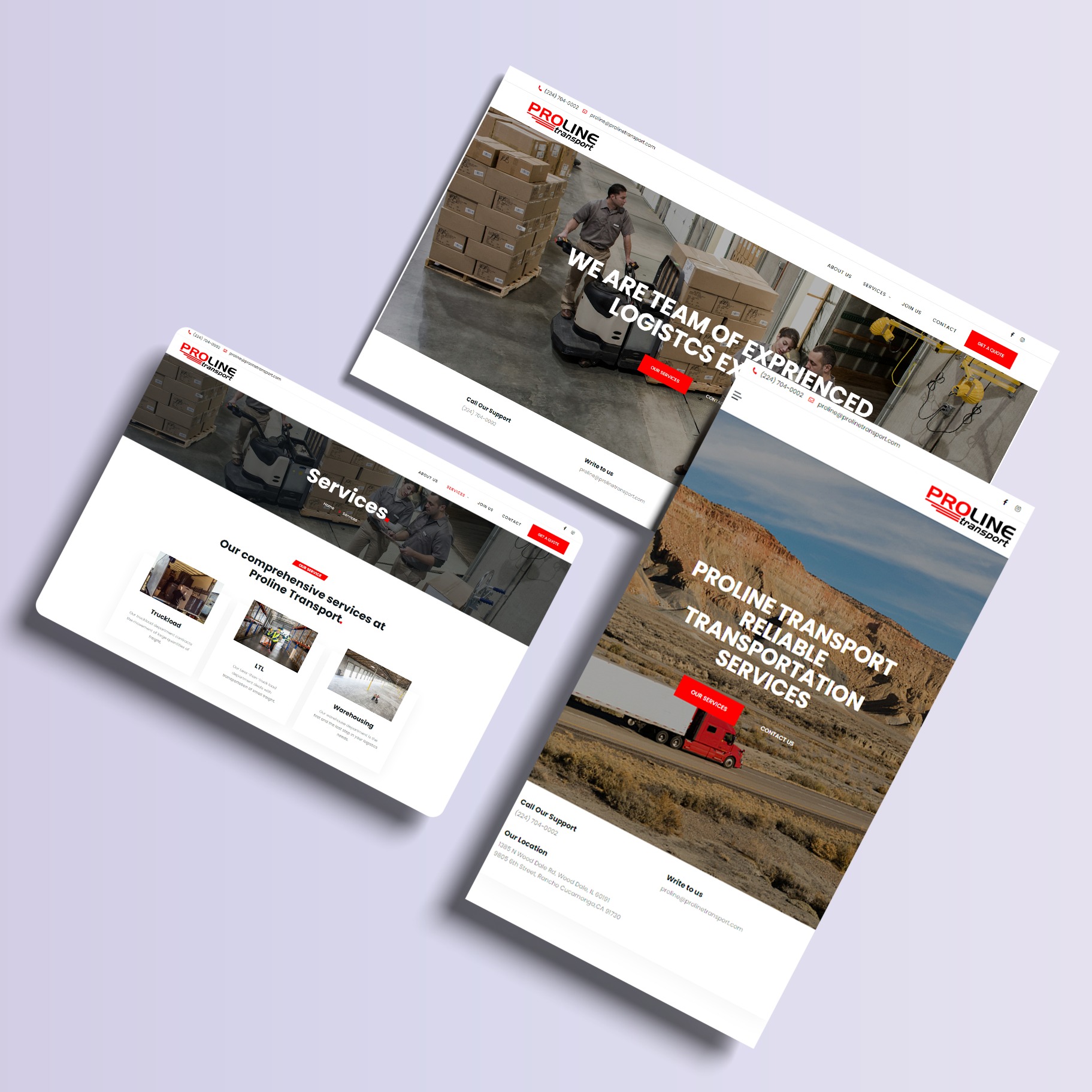 Prezentacja responsywnej strony internetowej firmy transportowej Proline Transport na trzech ekranach, ukazująca różne sekcje serwisu: logistyka, usługi, kontakt.