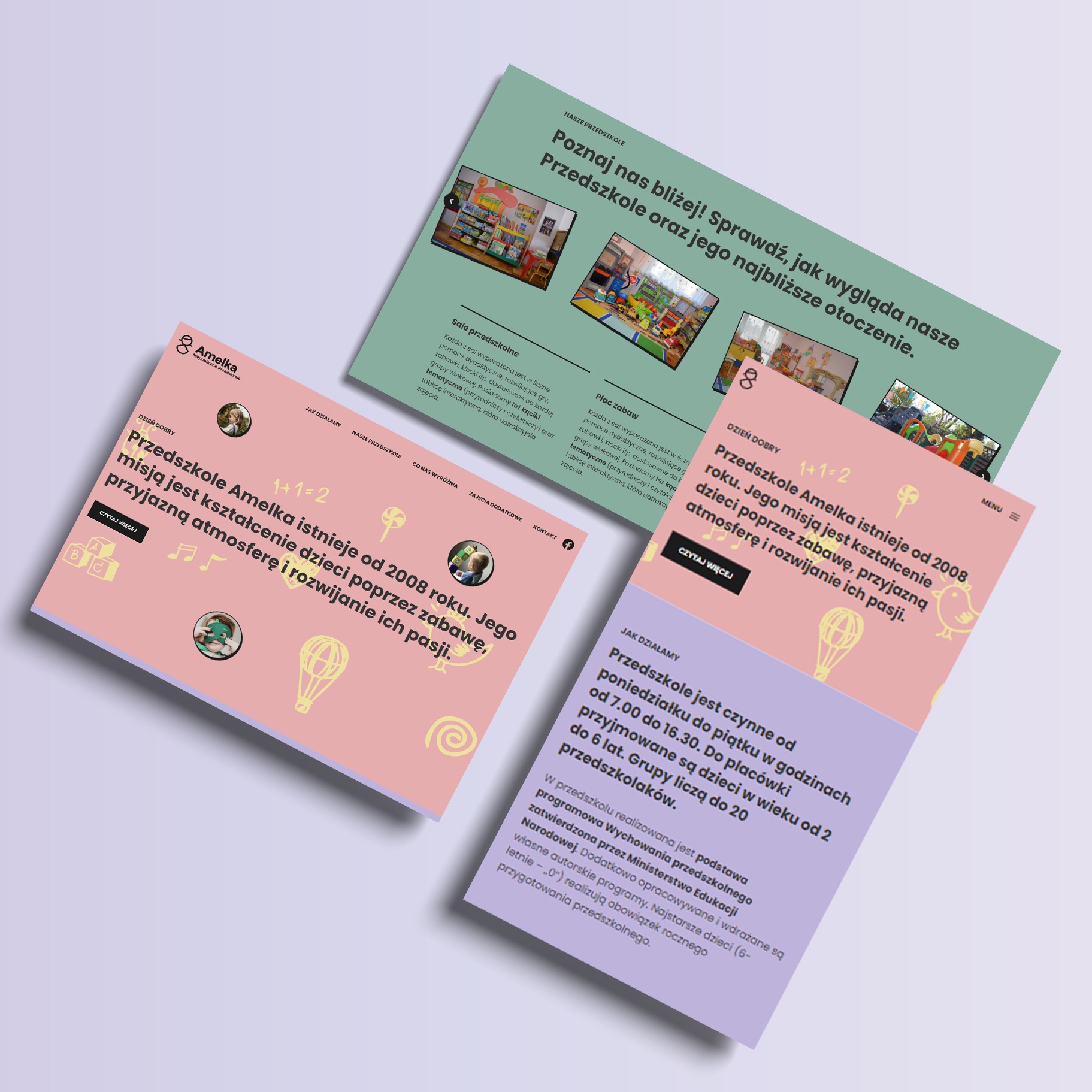 Fragment strony internetowej przedszkola Amelka, prezentujący misję placówki, zdjęcia sal i placu zabaw, informacje o godzinach otwarcia i programie nauczania, w pastelowych kolorach.