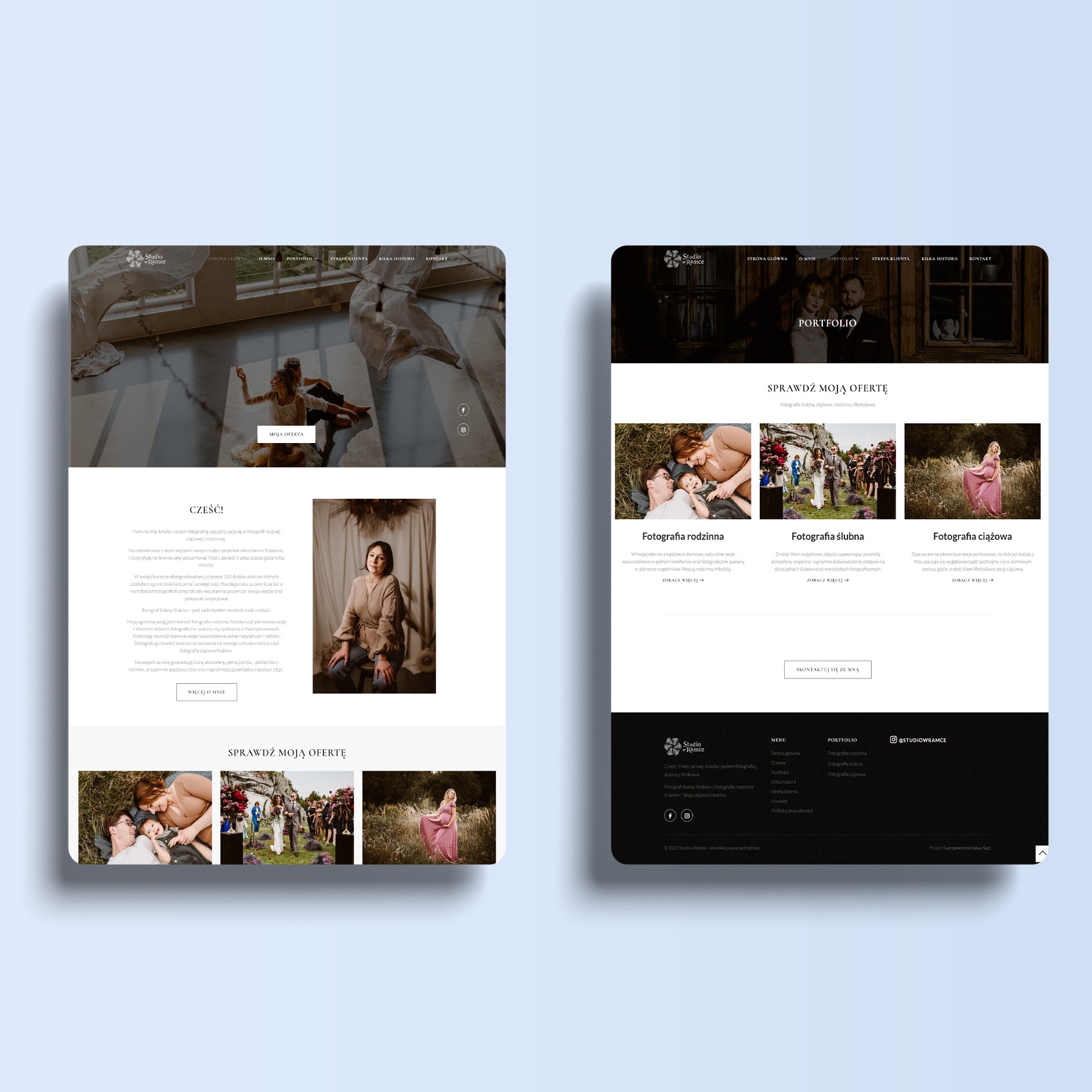 Zrzut ekranu strony internetowej fotografa ślubnego i rodzinnego, prezentujący układ strony głównej z sekcjami portfolio, ofertą i informacjami kontaktowymi, w minimalistycznej stylistyce.
