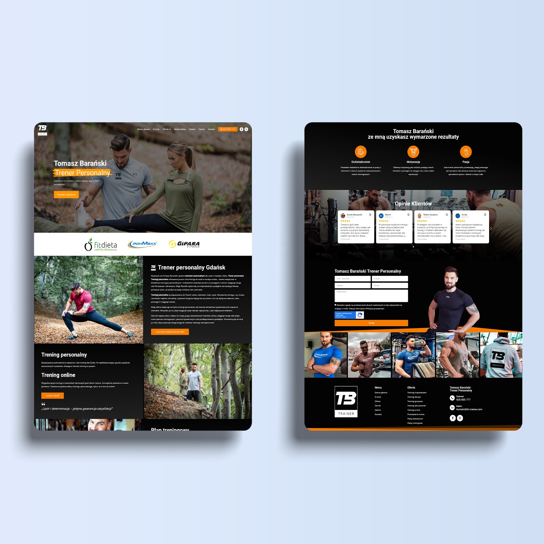 Prezentacja strony internetowej trenera personalnego Tomasza Barańskiego, z ciemną kolorystyką i przewijaną treścią, ukazująca ofertę treningów personalnych, opinie klientów i formularz kontaktowy.
