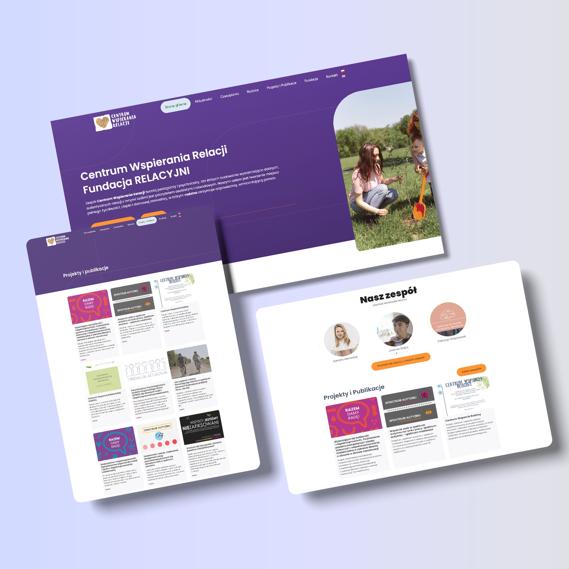 Prezentacja strony internetowej Centrum Wspierania Relacji Fundacja RELACYJNI na trzech ekranach urządzeń, ukazująca sekcje takie jak strona główna, projekty, publikacje oraz zespół, z elementami...