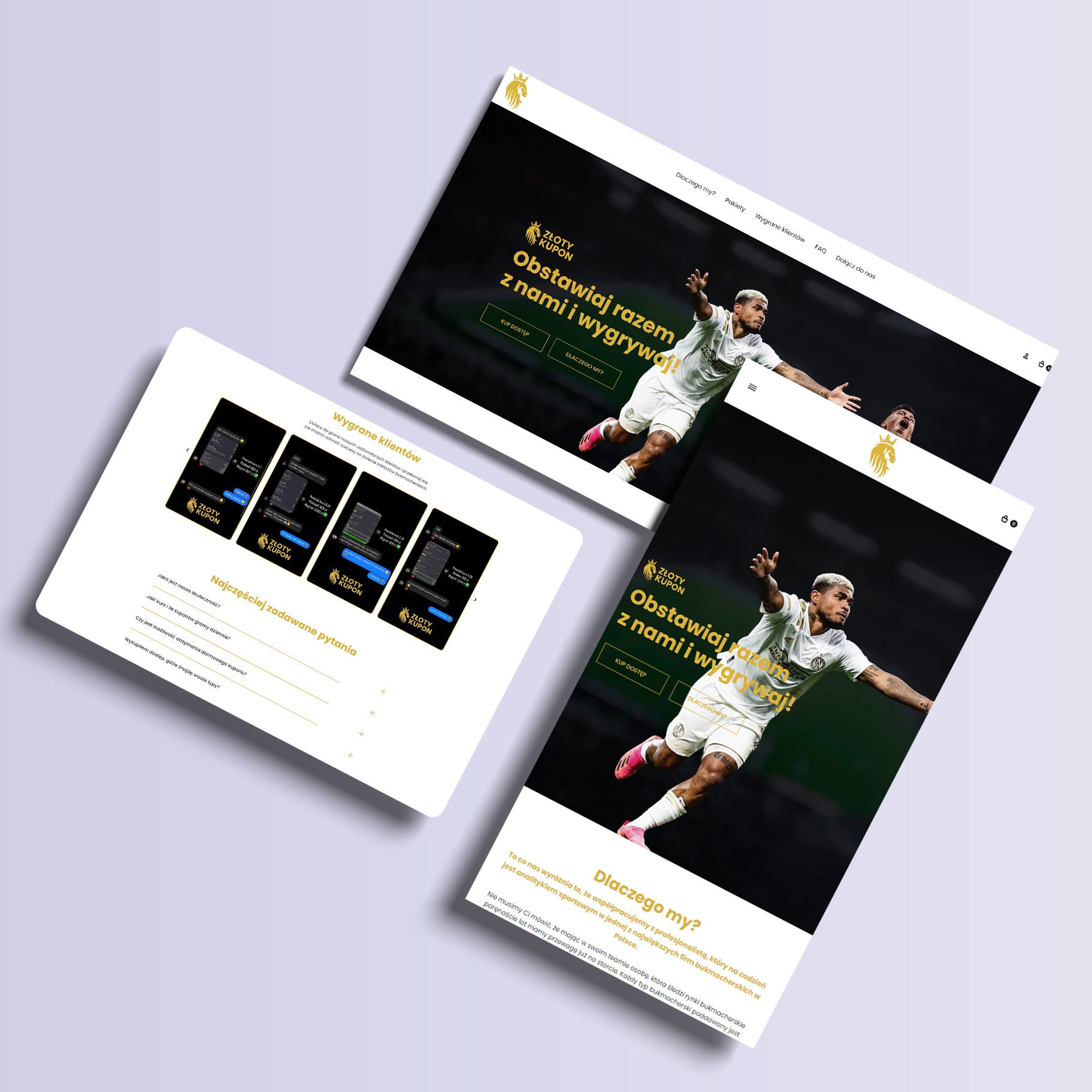 Responsywna strona internetowa zlotykupon.pl wyświetlana na trzech urządzeniach: laptopie, tablecie i smartfonie, prezentująca motyw bukmacherski z dynamicznym obrazem piłkarza w akcji.