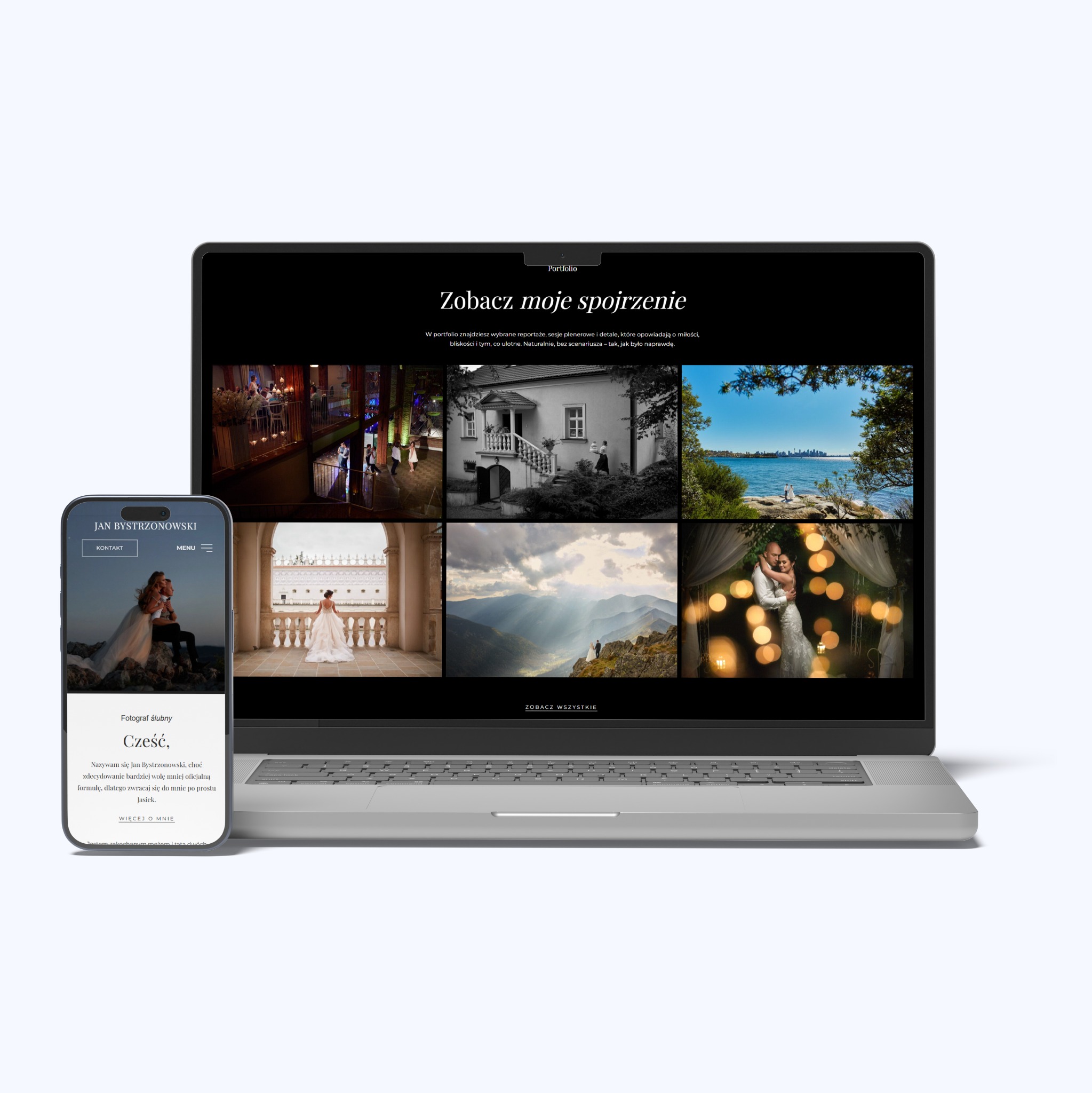 Laptop i smartfon prezentują portfolio fotografa ślubnego Jana Bystrzonowskiego. Strona www z galerią zdjęć ślubnych w różnych sceneriach.