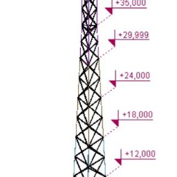 STEELWING Sp. z o.o. - Wizualizacja 3D stalowej konstrukcji wieży kratownicowej z zaznaczonymi poziomami wysokości w metrach.