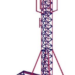 STEELWING Sp. z o.o. - Wizualizacja 3D stalowej wieży telekomunikacyjnej z antenami, przedstawiona w formie szkieletowego modelu na białym tle.