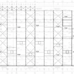 Plan konstrukcji stalowej hali z zaznaczonymi elementami i wymiarami, widok z góry, rysunek techniczny.