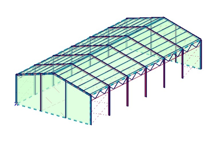 Wizualizacja 3D szkieletu hali stalowej z dachem, widok z góry, konstrukcja z belek, słupów i wiązarów, kolorystyka niebiesko-zielono-bordowa.