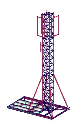 Wizualizacja 3D stalowej wieży telekomunikacyjnej z antenami, przedstawiona w formie szkieletowego modelu na białym tle.