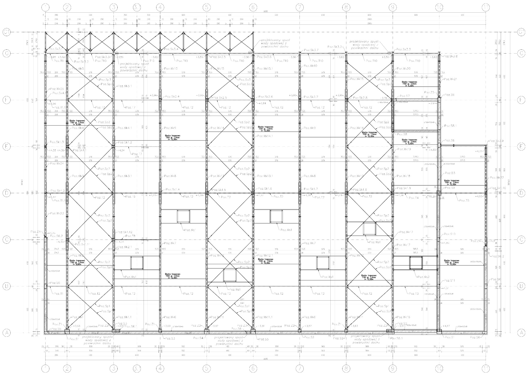 Plan konstrukcji stalowej hali z zaznaczonymi elementami i wymiarami, widok z góry, rysunek techniczny.