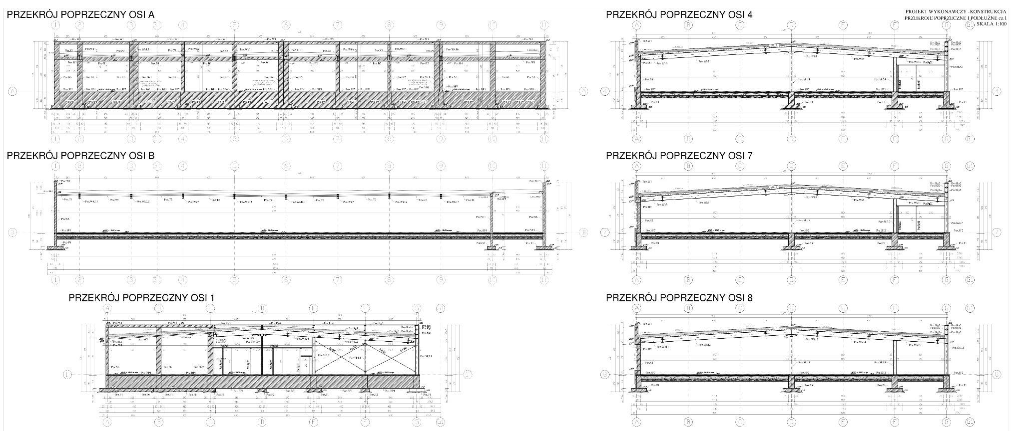 Szkic techniczny przekrojów poprzecznych osi A, B, 1, 4, 7 i 8 konstrukcji stalowej hali, zawierający szczegółowe wymiary i oznaczenia elementów.