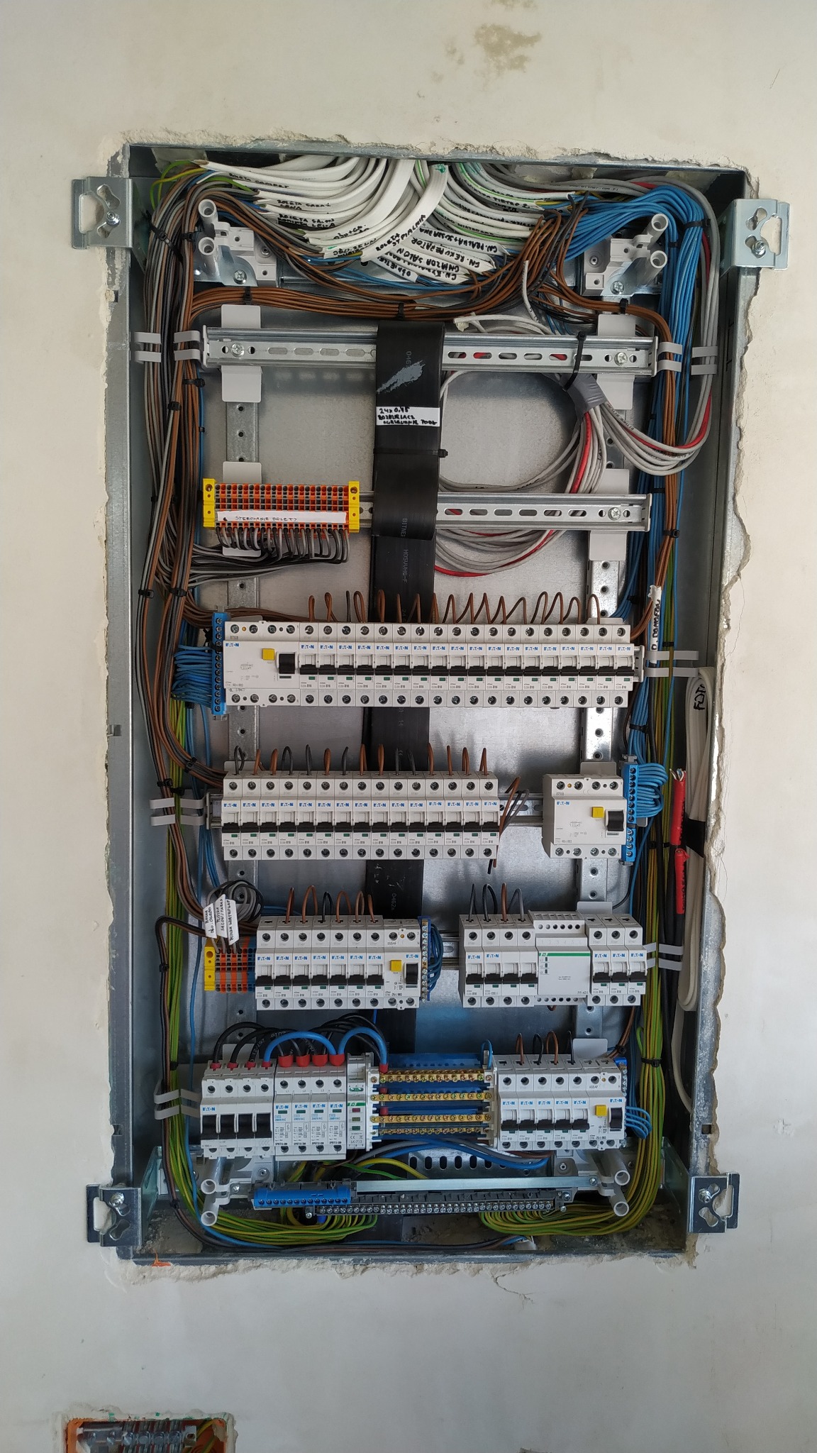 Rozdzielnica elektryczna w metalowej obudowie, z licznymi przewodami, bezpiecznikami i złączkami, zamontowana w ścianie z widocznymi śladami po montażu.
