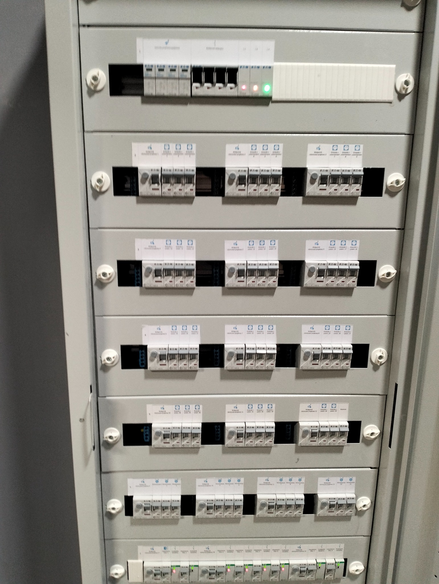 Szara szafa rozdzielcza z bezpiecznikami i oznaczeniami, zamontowana w Płocku. Widoczne liczne wyłączniki nadprądowe i różnicowoprądowe.