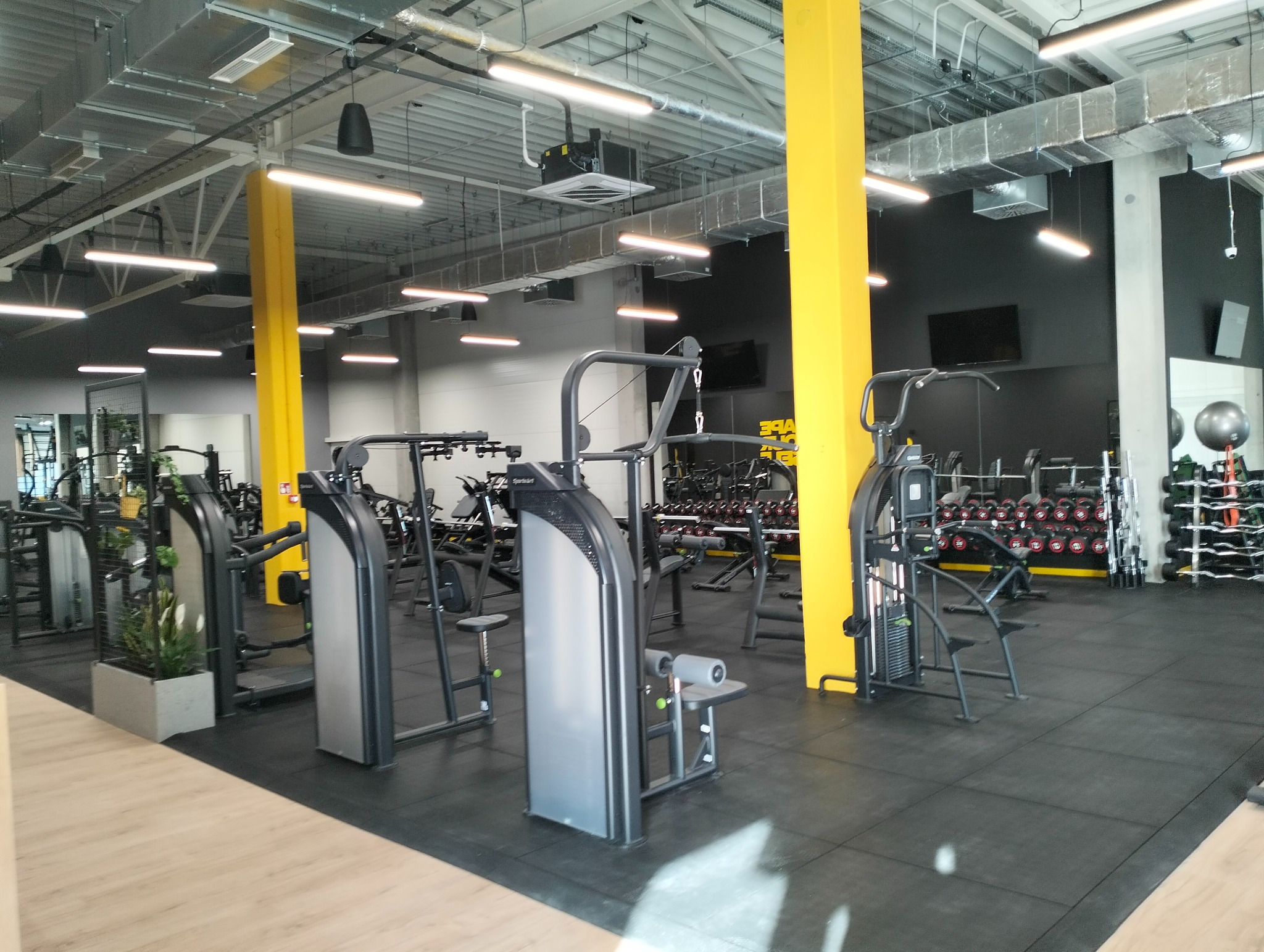 Widok na salę siłowni z zainstalowanym oświetleniem sufitowym i klimatyzacją. Żółte słupy konstrukcyjne. Rzędy sprzętu do ćwiczeń i ciężary w tle.