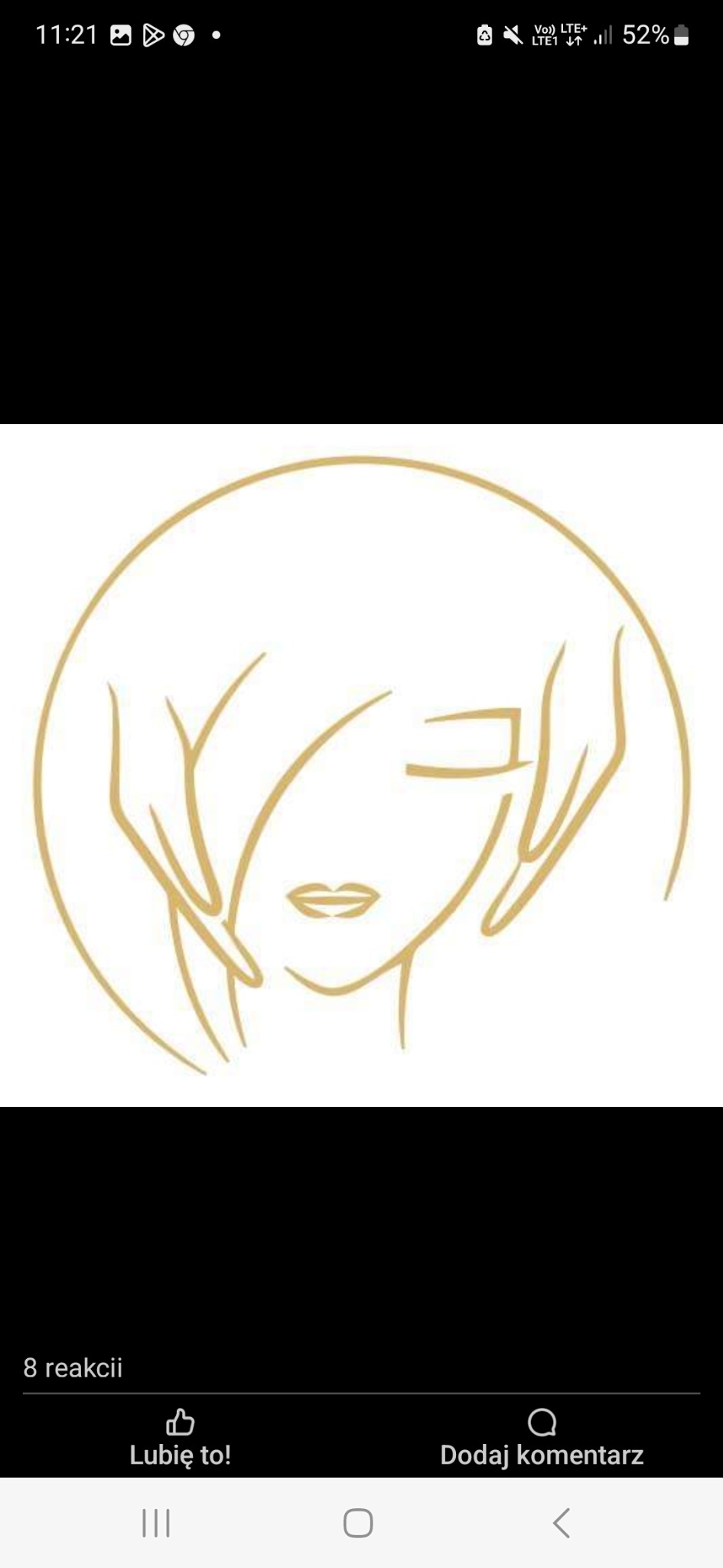 Złota grafika wektorowa przedstawiająca uproszczony wizerunek twarzy kobiety z dłońmi ułożonymi po bokach, imitującymi włosy.