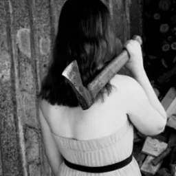 Czarno-białe zdjęcie kobiety w sukience bez ramiączek, trzymającej na ramieniu topór przed stertą drewna i blaszanej ściany.