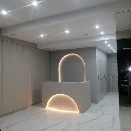 Michał Domański - Nowoczesne wnętrze z recepcją oświetloną półkolistym światłem, marmurowa podłoga i minimalistyczne szafy w zabudowie. Widoczne oświetlenie sufitowe.