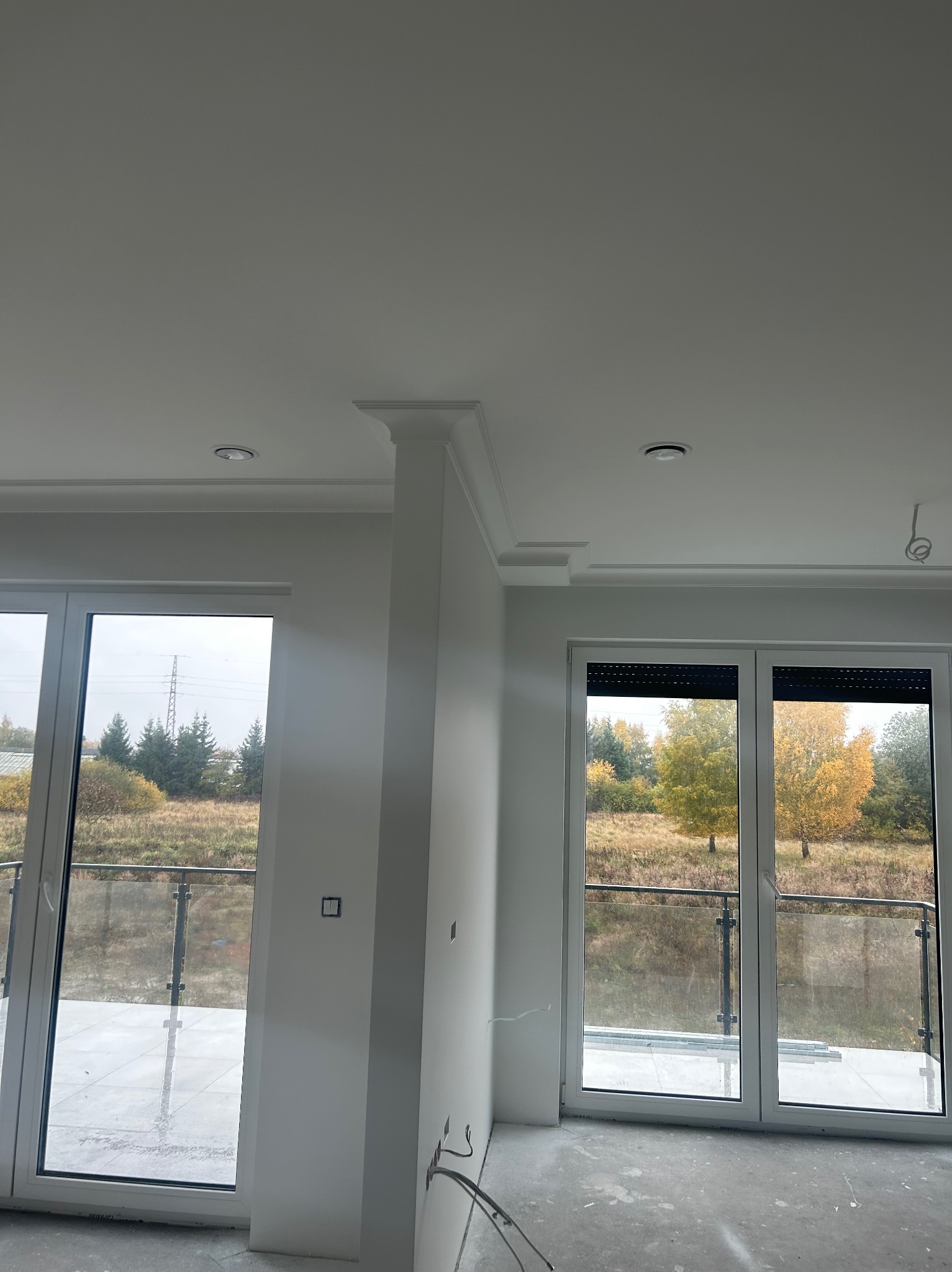 Wnętrze w trakcie wykańczania: świeżo pomalowane ściany na biało, widoczne listwy dekoracyjne pod sufitem i dwa okna balkonowe z widokiem na jesienny krajobraz, podłoga w stanie surowym.