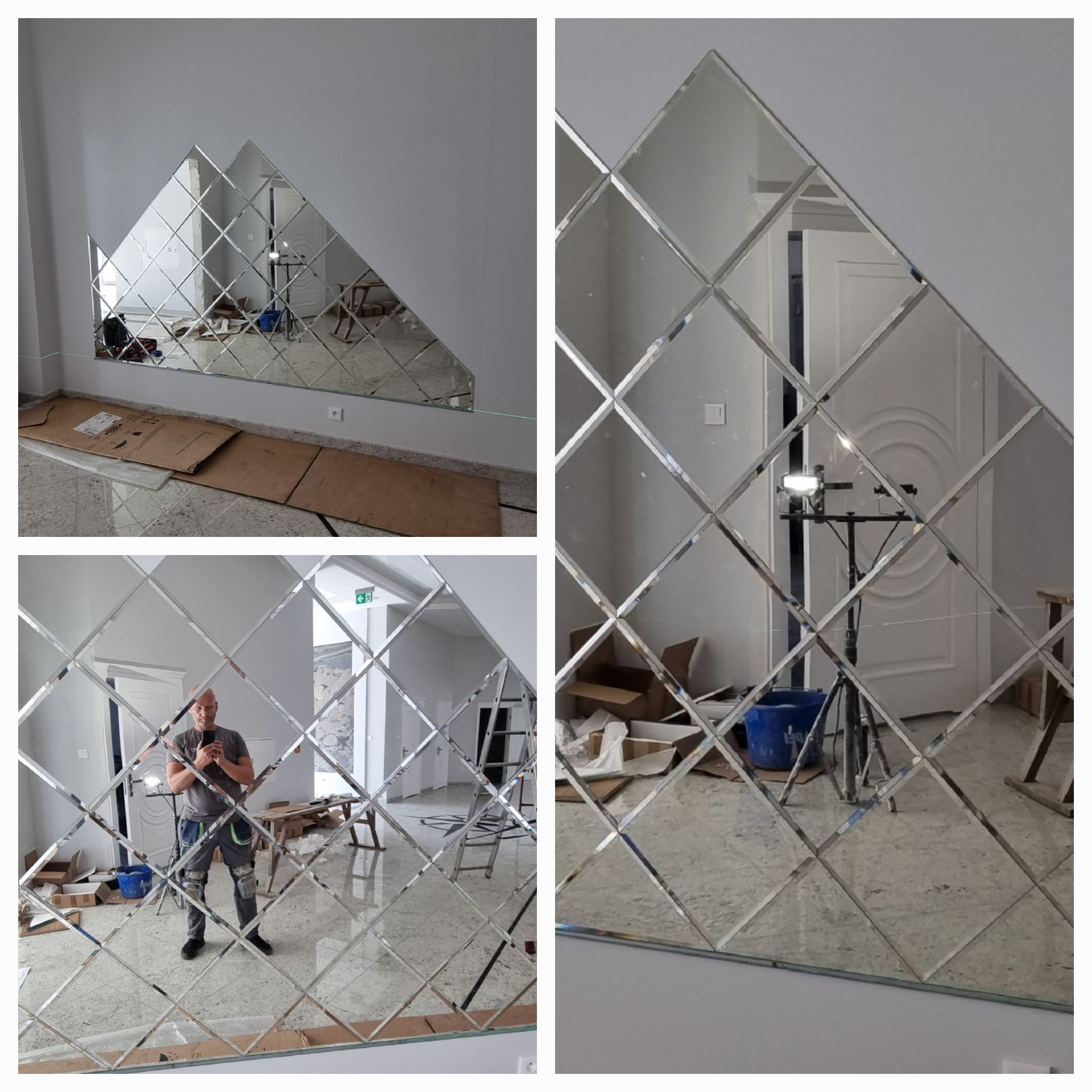 Ściana pokryta dekoracyjnymi lustrami w kształcie rombów, tworzącymi trójkątny wzór, widoczne narzędzia i pozostałości po montażu na podłodze.