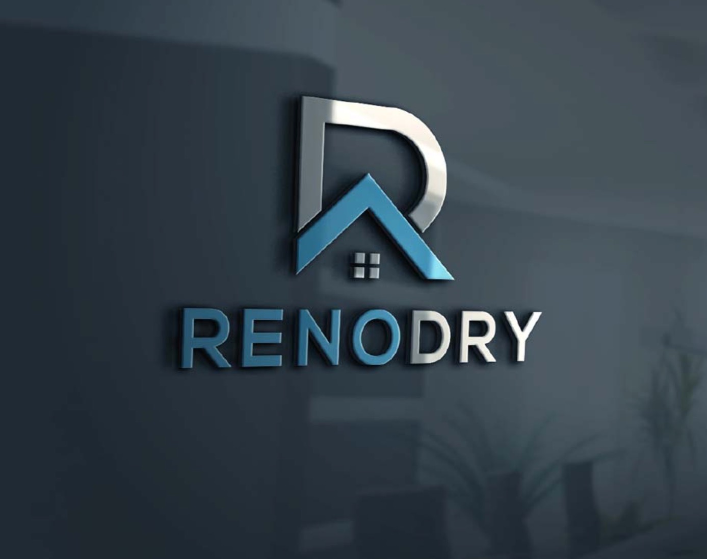 Eleganckie logo firmy Renodry, łączące literę R z symbolem domu w odcieniach srebra i błękitu, umieszczone na ciemnoszarym tle.