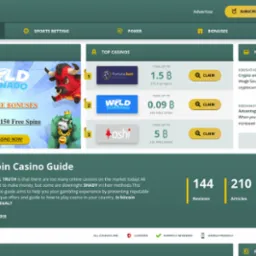 Strona internetowa z recenzjami i ofertami kasyn Bitcoin, z nagłówkiem, menu i sekcjami bonusów, artykułów i krajów. Jasne kolory i czytelny układ.