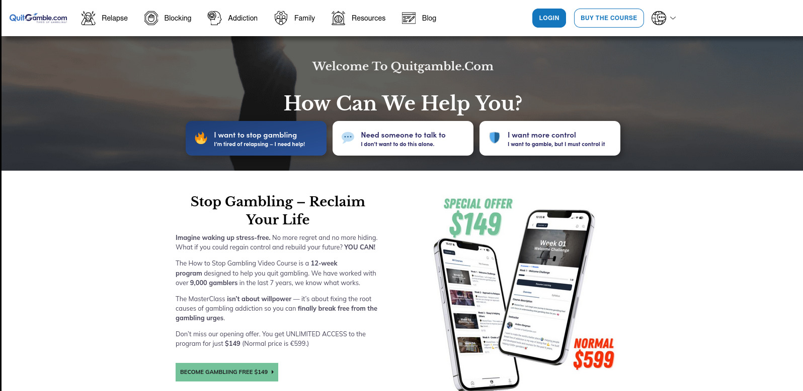 Strona internetowa QuitGamble.com z ofertą kursu online wspierającego osoby uzależnione od hazardu, z interaktywnymi przyciskami i promocją cenową.