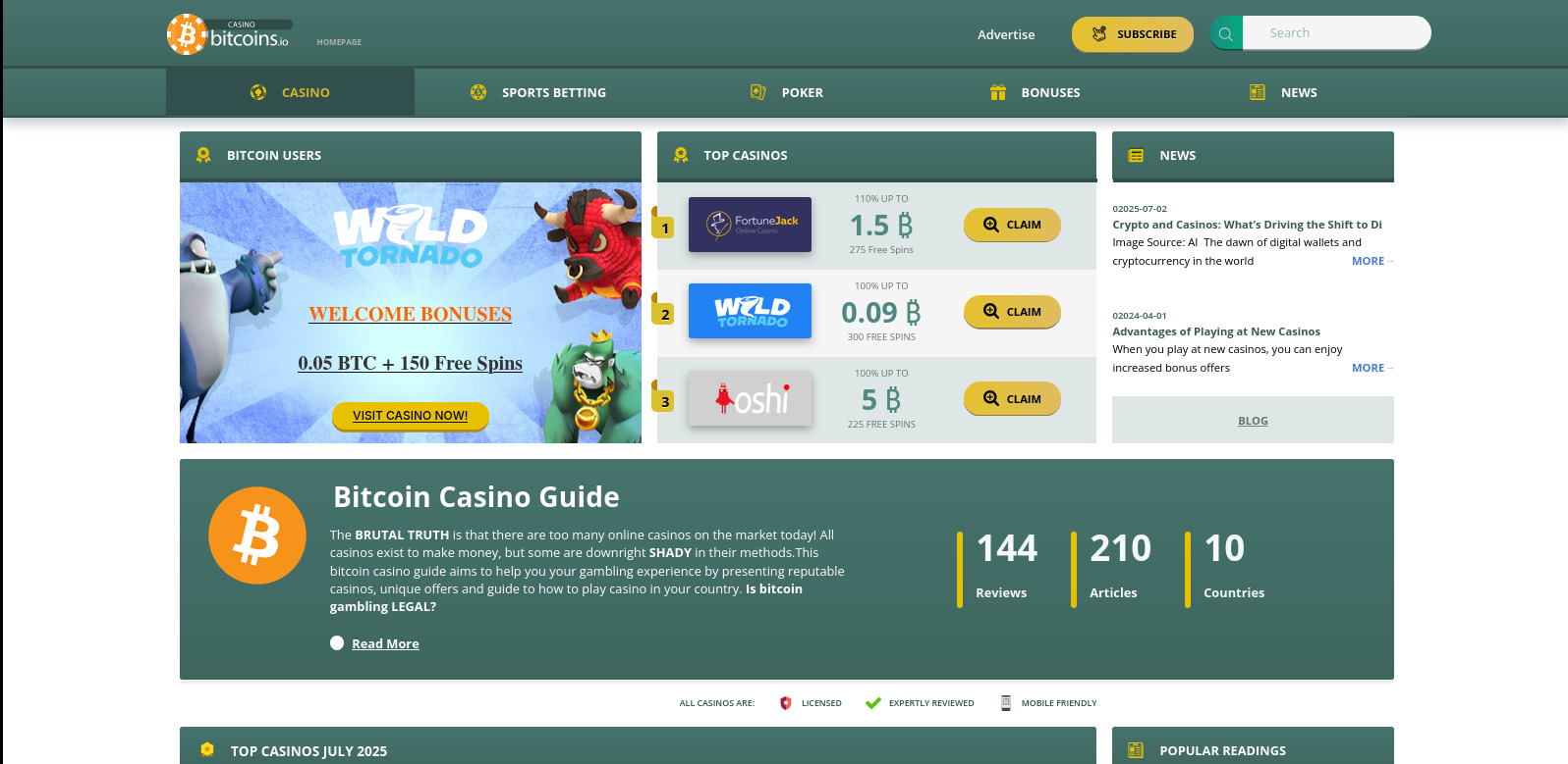 Strona internetowa z recenzjami i ofertami kasyn Bitcoin, z nagłówkiem, menu i sekcjami bonusów, artykułów i krajów. Jasne kolory i czytelny układ.
