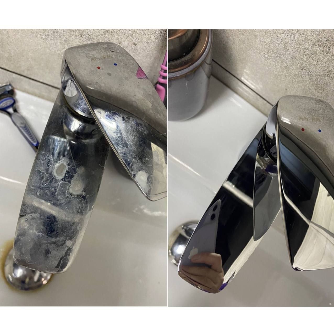 Kran umywalkowy: po lewej stronie pokryty osadem, po prawej lśniący po czyszczeniu, widoczne odbicie telefonu.