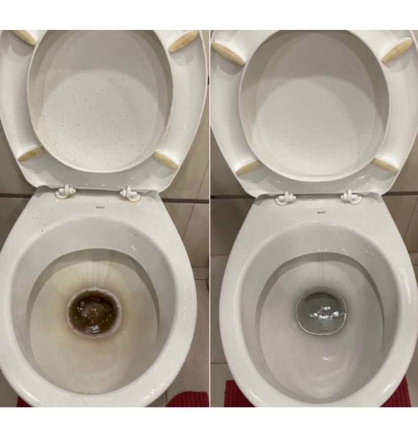 Porównanie toalety przed i po czyszczeniu: po lewej silne zabrudzenia i osad, po prawej lśniąca czystość i woda w muszli.