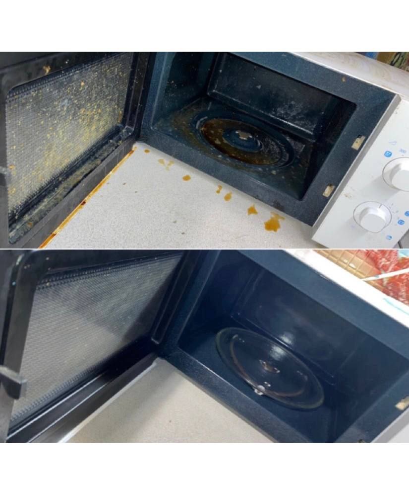 Zdjęcie porównawcze wnętrza kuchenki mikrofalowej: górny kadr ukazuje silne zabrudzenia i resztki jedzenia, dolny kadr prezentuje czyste wnętrze po usunięciu zanieczyszczeń, widoczny szklany talerz...