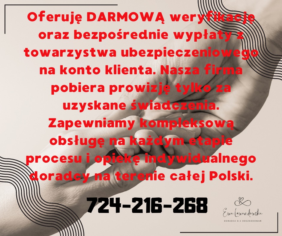 Dłoń podtrzymująca tekst o darmowej weryfikacji i wypłatach z towarzystwa ubezpieczeniowego, numer telefonu i logo doradcy ds. odszkodowań.