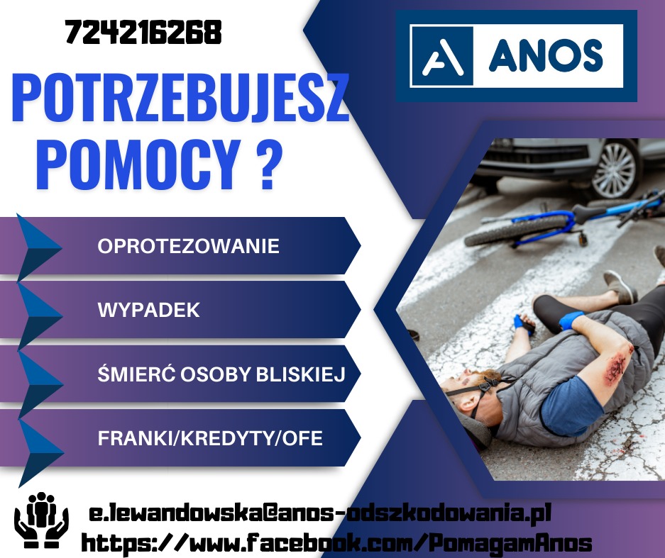 Grafika reklamowa z numerem telefonu, logo firmy, adresem e-mail i Facebooka. Po prawej stronie zdjęcie osoby poszkodowanej w wypadku drogowym leżącej na pasach.