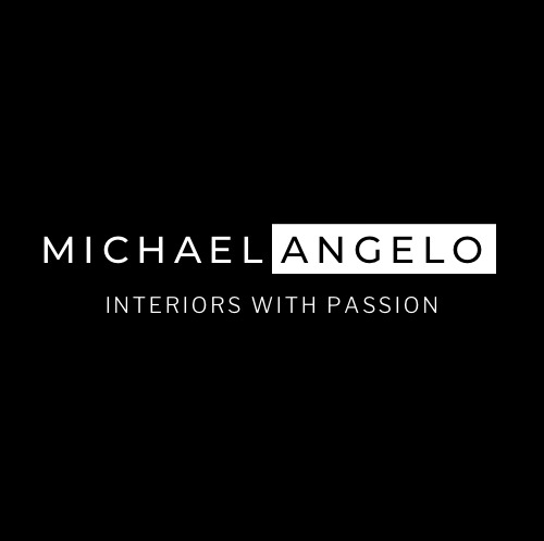 Logo firmy 'Michael Angelo Interiors With Passion' na czarnym tle, z białym tekstem i prostokątnym elementem graficznym.
