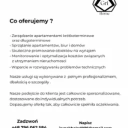 Ulotka reklamowa firmy zarządzającej nieruchomościami z logo Gri Home, oferującej kompleksowe usługi, w tym sprzątanie, zarządzanie najmem krótkoterminowym i długoterminowym, promocję obiektów...